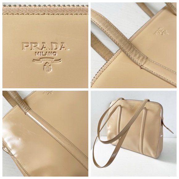 Prada 90s beige Spazzolato leather embossed logo shoulder tote bag - Picture 4 of 14